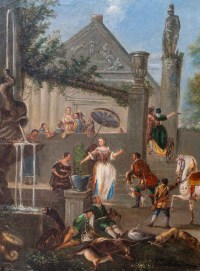 Tableau flamand, huile sur toile, scène de fête au village, XIXème siècle