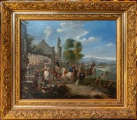 Tableau flamand, huile sur toile, scène de fête au village, XIXème siècle