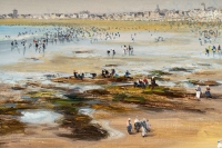 Huile sur toile représentant une vue des sables d&#039;Olonne à marée basse, signée G. Augizau, XXème siècle