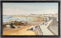 Huile sur toile représentant une vue des sables d&#039;Olonne à marée basse, signée G. Augizau, XXème siècle