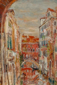 Serge Belloni « Le peintre de Paris » - Vue d’un Canal à Venise huile sur carton vers 1970