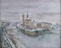 Serge Belloni  1925-2005 « Le peintre de Paris » - Notre Dame de Paris sous la neige huile sur carton vers 1970