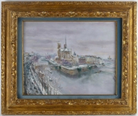 Serge Belloni  1925-2005 « Le peintre de Paris » - Notre Dame de Paris sous la neige huile sur carton vers 1970