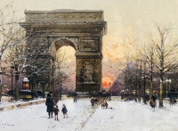 GALIEN LALOUE Peinture Française 20è Paris Les Champs Elysées Et l&#039;Arc De Triomphe en hiver Gouache signée Certificat d’authenticité