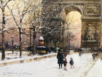 GALIEN LALOUE Peinture Française 20è Paris Les Champs Elysées Et l&#039;Arc De Triomphe en hiver Gouache signée Certificat d’authenticité