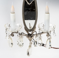 Paire d&#039;appliques miroirs à 2 branches en bronze argenté et pampilles