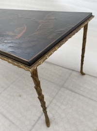1970′ Table Basse Bronze Doré Style Baguès Decor Palmier Laque de Chine 107,5 x 47 x Hauteur 41,5 cm