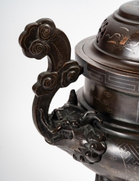 Brûle parfum vietnamien en bronze niellé argent et cuivre 19ème