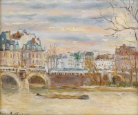 Serge Belloni  1925-2005 « Le peintre de Paris » - Pont de Paris en Automne huile sur panneau vers 1970