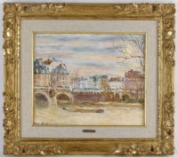 Serge Belloni  1925-2005 « Le peintre de Paris » - Pont de Paris en Automne huile sur panneau vers 1970
