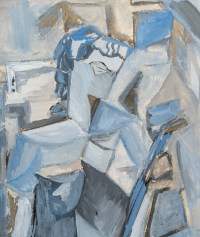 Huile sur Papier Cubiste Couleur Bleu, Femme à la mandoline, XX siècle.