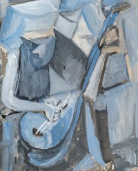 Huile sur Papier Cubiste Couleur Bleu, Femme à la mandoline, XX siècle.