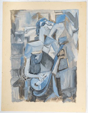 Huile sur Papier Cubiste Couleur Bleu, Femme à la mandoline, XX siècle.|||||