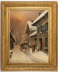 Théodore Levigne - Halte sous la neige chez le Sabotier Paret huile sur toile fin du XIXème siècle