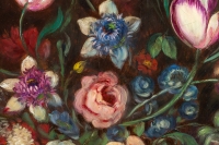 École française, Bouquet de tulipes, roses et fruits sur un entablement huile sur toile d&#039;époque Napoléon III