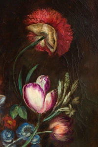 École française, Bouquet de tulipes, roses et fruits sur un entablement huile sur toile d&#039;époque Napoléon III