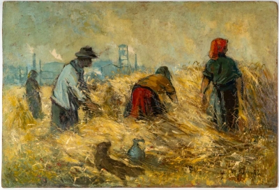 &quot;Les blés&quot; sur isorel, signé et daté 1940 par Fritz Pumpin||||||||