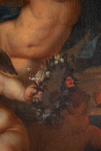 Peinture, Huile Sur Toile, Flamande, 17ème Siècle, Représentant Trois Amours.