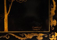 Paire d&#039;encoignures en bois noir décor laque de Chine signé Walter Comilli