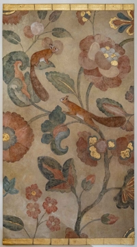 Toile peinte représentant des écureuils dans des feuillages, travail contemporain