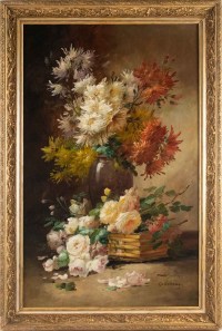Alfred Godchaux (1835 - 1895): Roses et chrysanthèmes.
