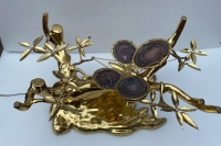 1970’ Table Basse Eclairante Au Bonzai Sur Dune De Sable En bronze doré Isabelle Faure Ou Duval Brasseur Avec Papillon Ailes En Agate