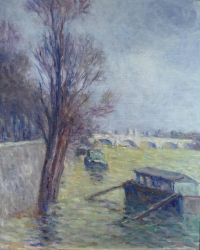 LUCE Maximilien Peinture postimpressionniste, les inondations près du Pont Neuf vers 1910 Certificat