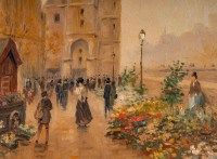 Huile sur panneau, Paul Flaubert, Marché aux fleurs sur le quai de seine, XXème siècle