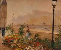 Huile sur panneau, Paul Flaubert, Marché aux fleurs sur le quai de seine, XXème siècle