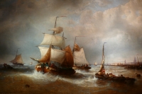 MUSIN François Ecole Belge 19è Marine Navires Quittant Le Port Peinture XIXè Huile Toile Signée