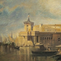 Jane or John Vivian Vue de la Punta della Dogana à Venise huile sur panneau parqueté vers 1880