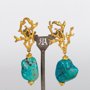 Boucles d&#039;oreilles bronze en forme d&#039;algues et pierres bleues||||||||