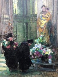 HERVE Jules René Tableau Impressionniste XXè Les bigotes à l&#039;église à Langres Huile sur panneau Signée