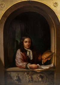 Willem Van Mieris (Suiveur de) Autoportrait d’un Peintre dans une alcove huile sur panneau Pays-Bas vers 1800