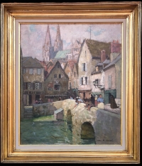 HERVE Jules Tableau 20è siècle Le pont Boujou et la Cathédrale de Chartres Huile sur toile signée