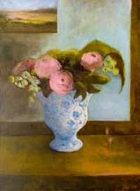 Tableau à l&#039;huile intitulé &quot;Chinoiserie, bouquet dans un vase chinois&quot; du peintre Isabelle Delannoy