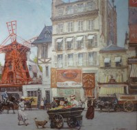 Leon ZEYTLINE Ecole Russe 20è siècle Vue de Paris Le moulin rouge Huile sur toile signée