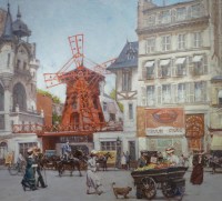 Leon ZEYTLINE Ecole Russe 20è siècle Vue de Paris Le moulin rouge Huile sur toile signée