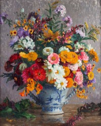 Tableau de Marthe Moisset ( 1871 1945) Compositon florale dans un vase en Delft