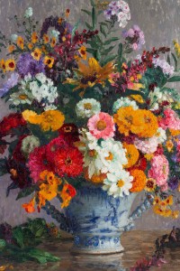Tableau de Marthe Moisset ( 1871 1945) Compositon florale dans un vase en Delft