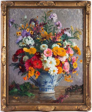 Tableau de Marthe Moisset ( 1871 1945) Compositon florale dans un vase en Delft||||||||||||||