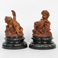 Les Enfants de Bacchus, Paire de Putti en bois sculpté XIXème Siècle