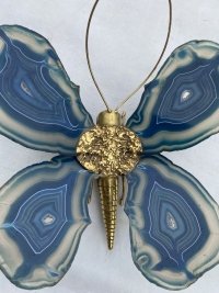 1970’ Applique Papillon en Bronze ou Laiton, Duval Brasseur Ou Isabelle Faure, 1 Ampoule , Ailes d’Agate Bleues
