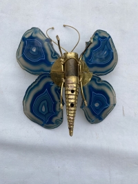 1970’ Applique Papillon en Bronze ou Laiton, Duval Brasseur Ou Isabelle Faure, 1 Ampoule , Ailes d’Agate Bleues