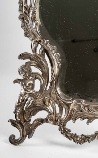 Miroir de table en bronze argenté, glace bisauté au mercure, XIXème siècle