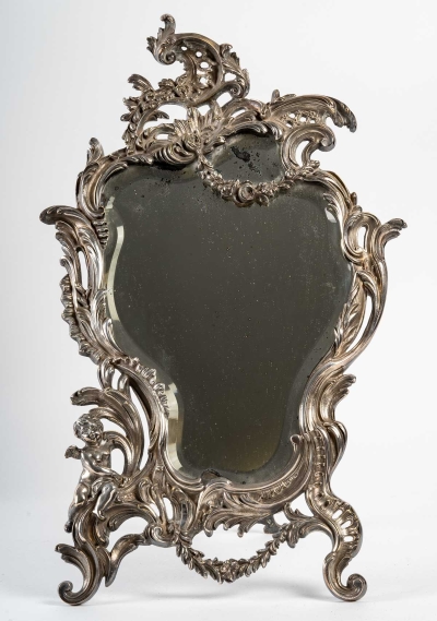 Miroir de table en bronze argenté, glace bisauté au mercure, XIXème siècle||||||||