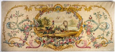 Projet de carton de tapisserie de la facture d&#039;Aubusson. Ornementation d&#039;arabesques, de fleurs et d&#039;oiseaux.||||||||
