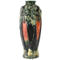Vase verre multicouche dégagé à l&#039;acide vert et orange de DAUM NANCY