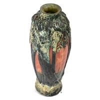 Vase verre multicouche dégagé à l&#039;acide vert et orange de DAUM NANCY