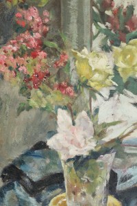 Peinture sur bois du XXème siècle d&#039;un bouquet de fleurs devant un miroir